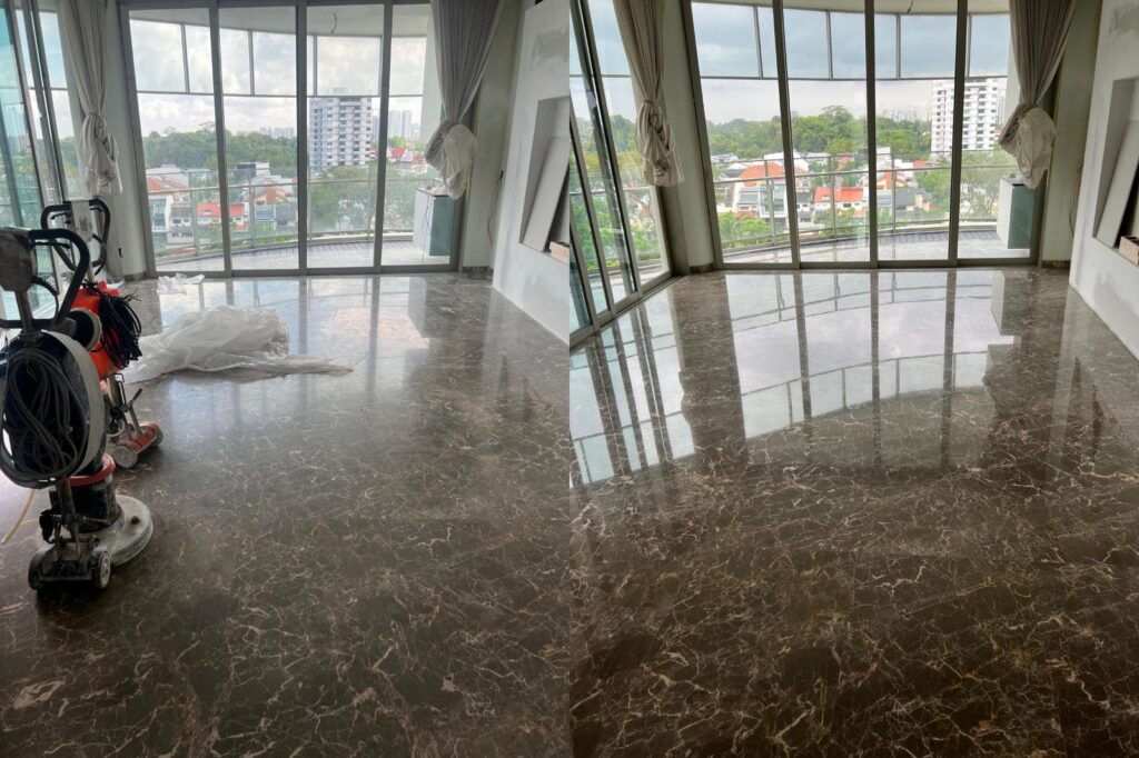 Expert marble polishing service by R&S POLISHING PTE. LTD. in Singapore, restoring floor shine, elegance, and durability.
