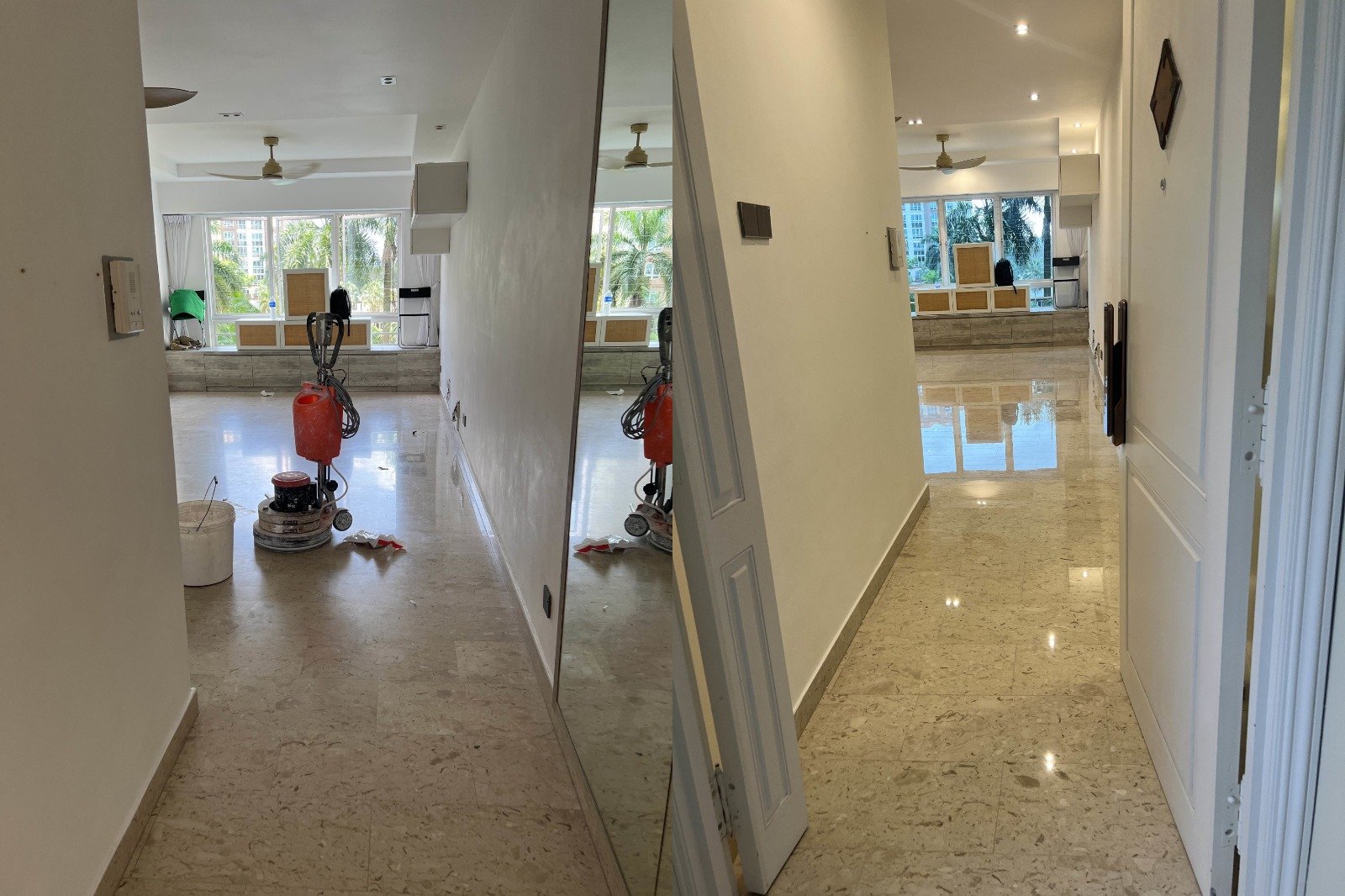 Professional marble floor restoration by R&S Polishing showing a high-gloss mirror finish in a Singapore residential home.