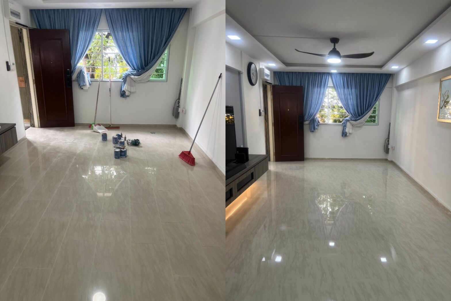 Dull homogeneous tiles restored to shine by R&S POLISHING PTE. LTD. in Singapore using professional tile polishing and restoration techniques.