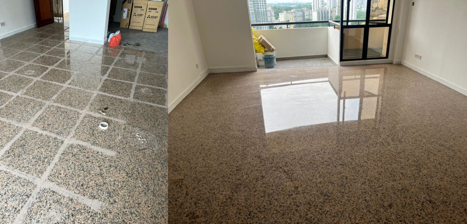 Professional granite floor restoration service by R&S POLISHING in Singapore, bringing back shine and strength to granite surfaces