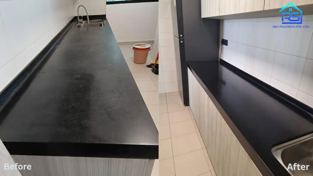 High-gloss polished kitchen countertop with mirror-like finish by R&S Polishing Singapore