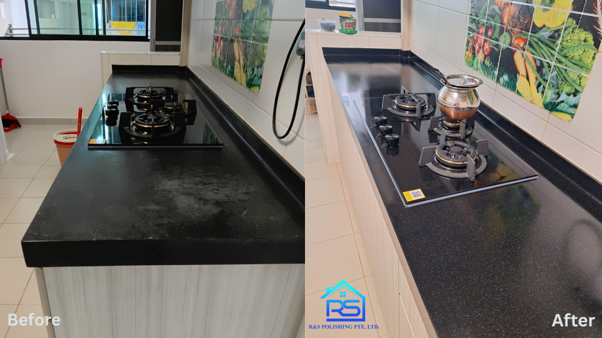 Professional marble countertop polishing for kitchen surface by R&S Polishing Singapore