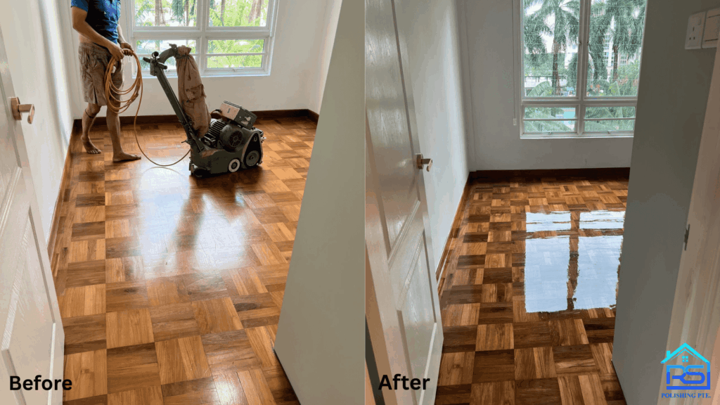 Experts restoring a dull parquet floor to a flawless finish.