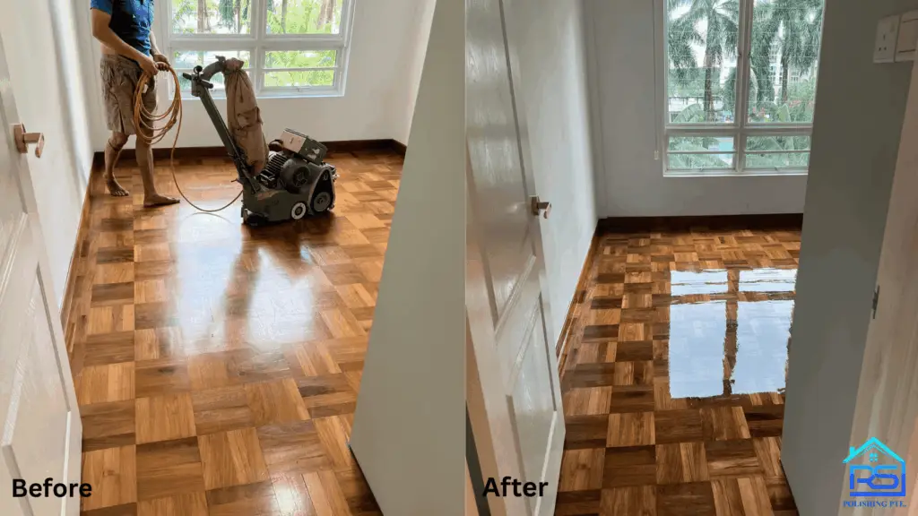 Dust-free wooden parquet polishing and sanding results showing restored natural wood grain.