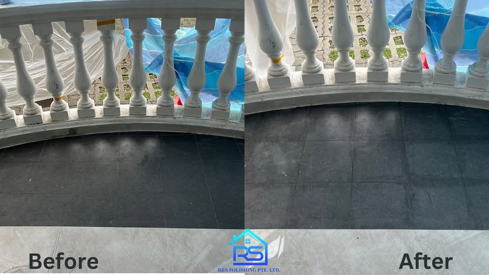 Balcony floor tile polishing and cleaning service for a residential apartment in Singapore.