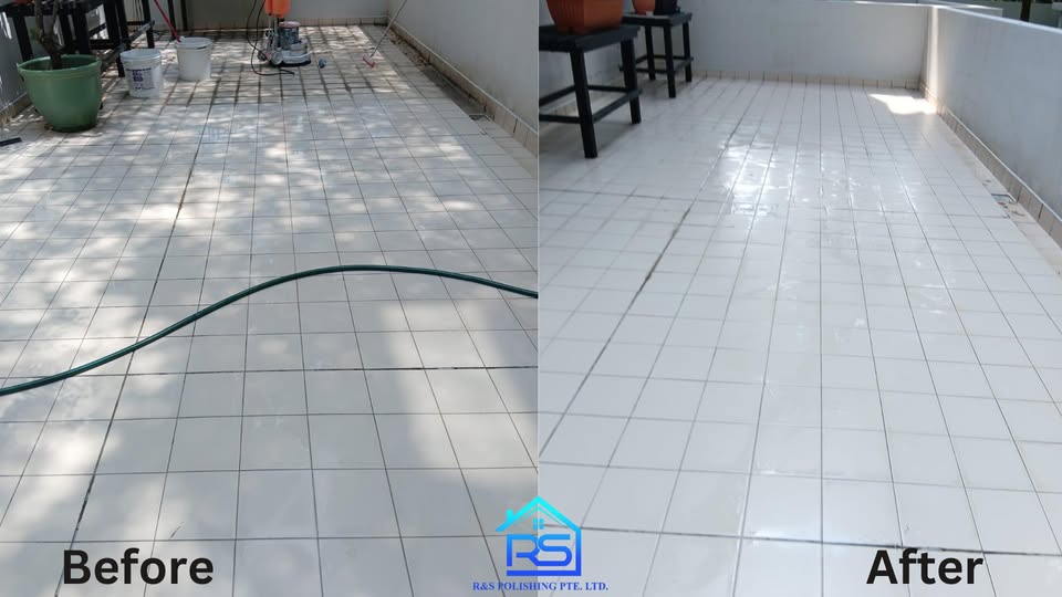 Balcony floor tile polishing and cleaning service for a residential apartment in Singapore.