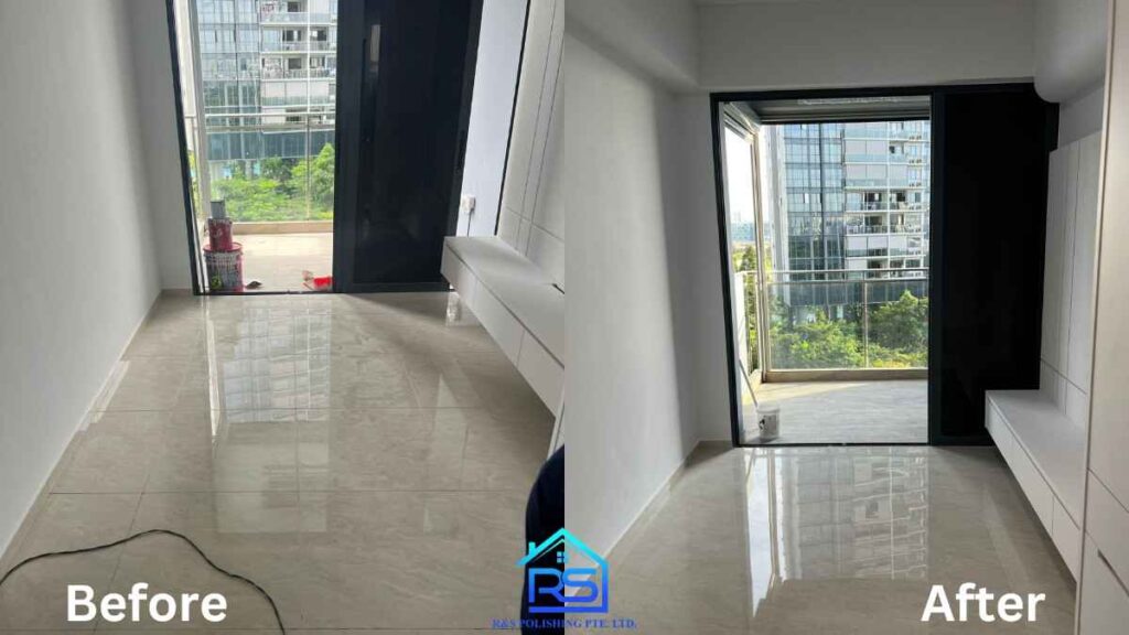 Side-by-side comparison of dull versus polished homogeneous tiles showing improved reflection and clarity.