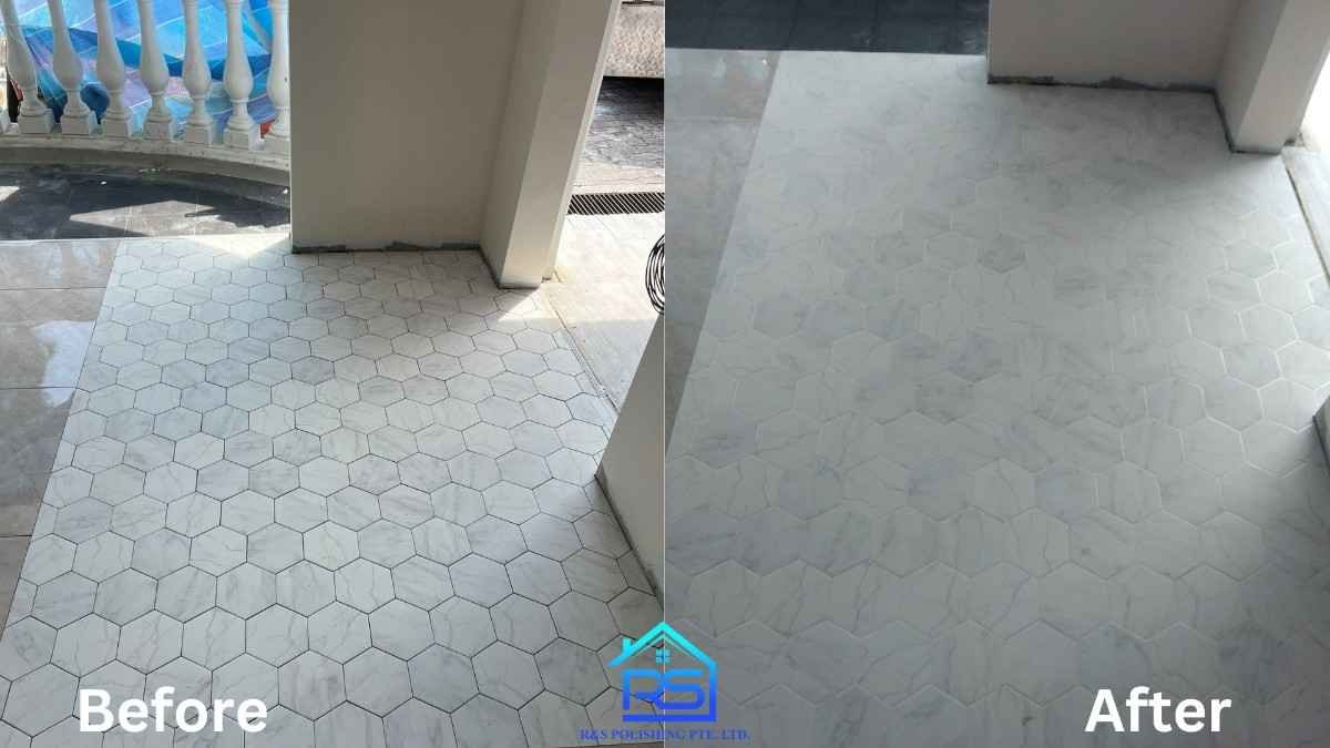 Waterproof epoxy grout specialist applying high-durability color epoxy grout to bathroom floor tiles.