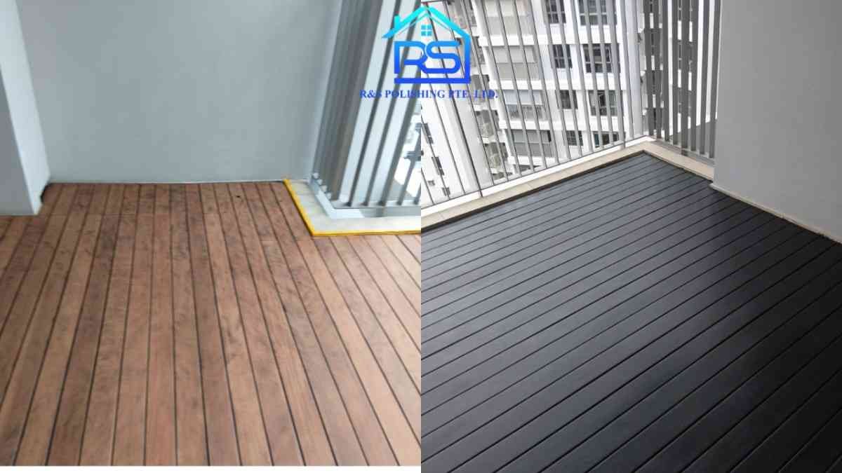 Professional outdoor wooden deck sanding and polishing service by R&S Polishing, restoring weather-worn timber to a rich, protected finish.